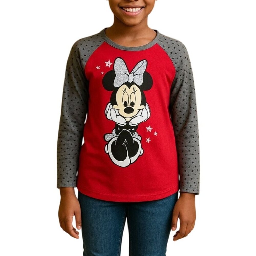 Disney Minnie Mouse Girls Long Sleeve Graphic Top With Star Sleeves Size XL (14/